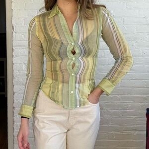 The Limited Y2K Blue and Green Striped Mesh Button Down